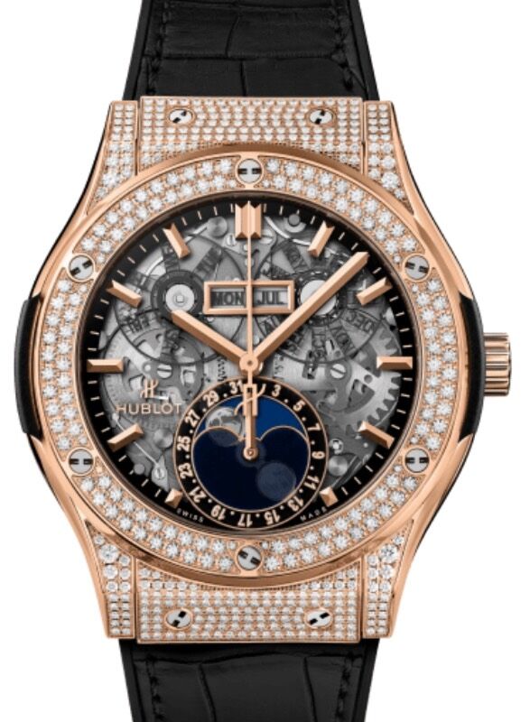 Hublot Classic Fusion Aerofusion Moonphase King Gold Pave 45mm Skeleton Sapphire Dial Rubber and Alligator Leather Straps 517.OX.0180.LR.1704 - BRAND NEW