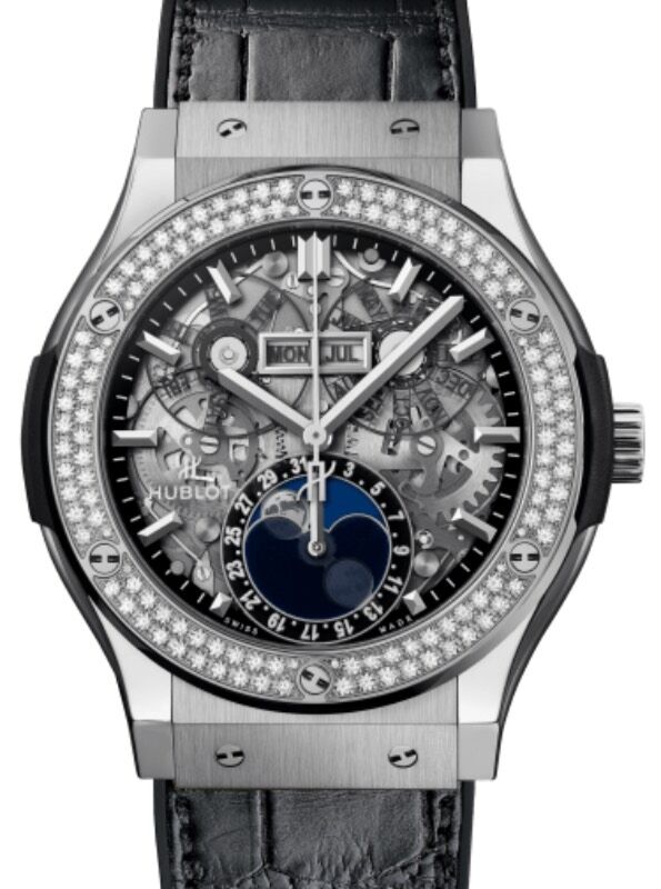 Hublot Classic Fusion Aerofusion Moonphase Titanium Diamonds 45mm Skeleton Sapphire Dial Rubber and Alligator Leather Straps 517.NX.0170.LR.1104 - BRAND NEW