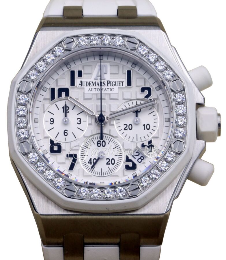 Audemars Piguet 26048SK.ZZ.D010CA.01 Royal Oak Offshore Chronograph 37mm White Arabic Diamond Bezel Stainless Steel Rubber