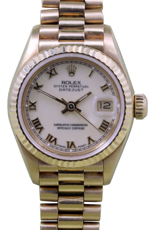 Rolex Datejust 26 Yellow Gold 18k White Roman Dial President Bracelet 69178 