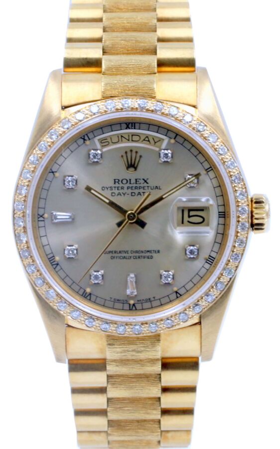 Rolex Day-Date President 18038 36mm Diamond Bezel & Dial 18k Yellow Gold Bark Quickset