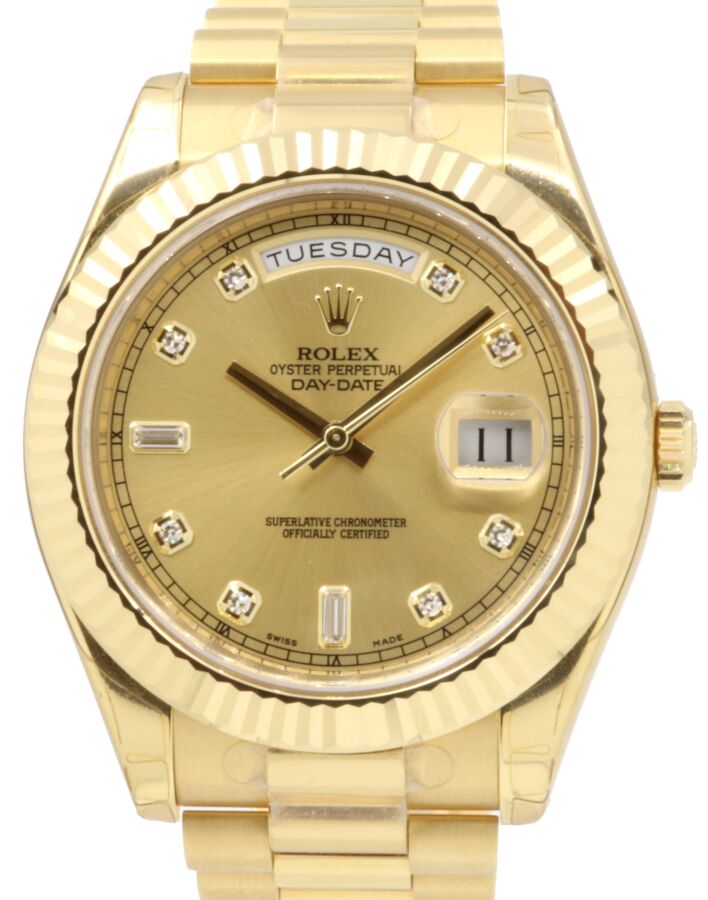 Rolex Day-Date II Yellow Gold 41mm Champagne Baquette Diamonds Fluted President Bracelet 218238 