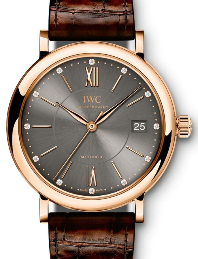 IWC Schaffhausen IW458106 Portofino Automatic 37 Ardoise Diamond Red Gold Brown Leather 37mm Automatic