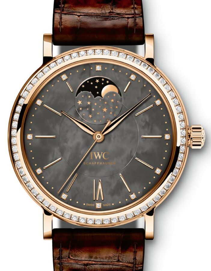 IWC Schaffhausen IW459003 Portofino Automatic Moon Phase 37 Dark Mother of Pearl Diamond Red Gold Set with Diamonds Brown Leather 37mm Automatic