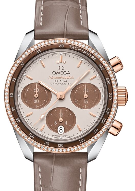 Omega Speedmaster 38 Co-Axial Chronograph Steel Sedna Gold Diamonds Brown Dial 324.28.38.50.02.002 - BRAND NEW