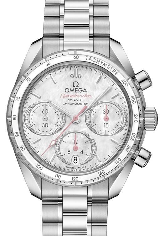 Omega Speedmaster 38 Co-Axial Chronograph Steel White Mother Of Pearl Diamond Dial 324.30.38.50.55.001 - BRAND NEW