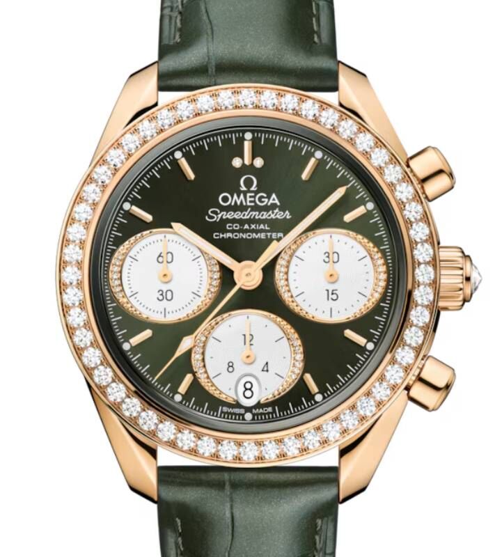 Omega Speedmaster Moonshine Gold Green Dial Diamond Bezel Leather Strap 324.58.38.50.60.001