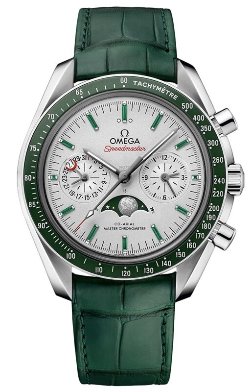 Omega Speedmaster Two Counters Moonphase 44.25mm Platinum Grey Emerald Dial Leather Strap 304.93.44.52.99.003