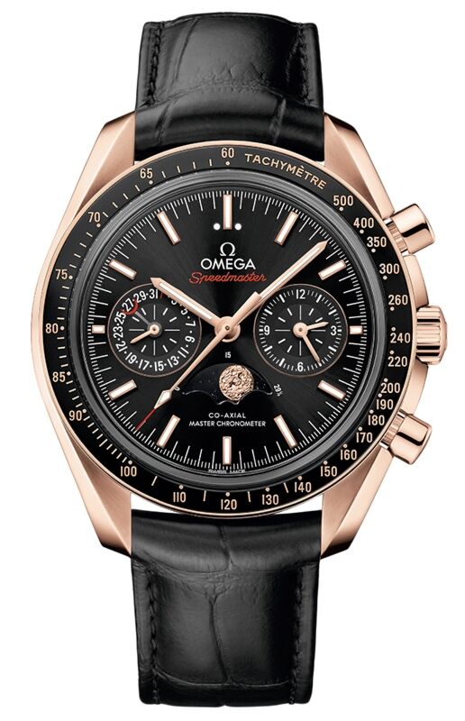 Omega Speedmaster Two Counters Moonphase 44.25mm Sedna Gold Black Dial Leather Strap 304.63.44.52.01.001