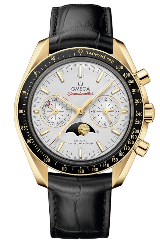 Omega Speedmaster Two Counters Moonphase 44.25mm Yellow Gold Silver Dial Leather Strap 304.63.44.52.02.001