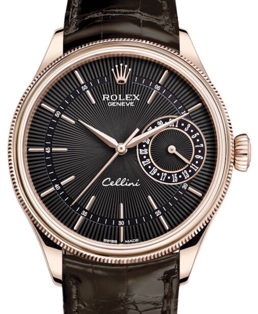 Rolex Cellini Date Rose Gold Black Guilloche Index Dial Domed & Fluted Double Bezel Tobacco Leather Bracelet 50515 - BRAND NEW