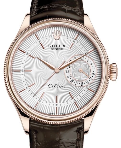 Rolex Cellini Date Rose Gold Silver Guilloche Index Dial Domed & Fluted Double Bezel Tobacco Leather Bracelet 50515 - BRAND NEW