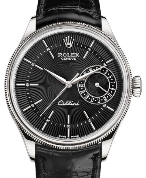 Rolex Cellini Date White Gold Black Guilloche Index Dial Domed & Fluted Double Bezel Black Leather Bracelet 50519 - BRAND NEW