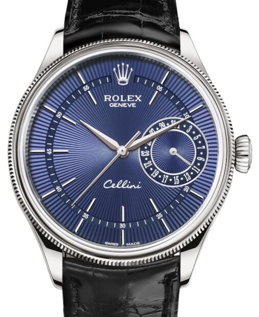 Rolex Cellini Date White Gold Blue Guilloche Index Dial Domed & Fluted Double Bezel Black Leather Bracelet 50519 - BRAND NEW
