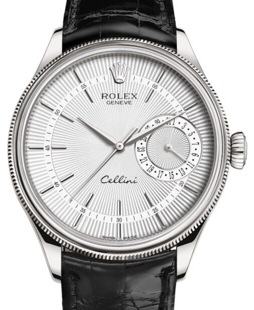 Rolex Cellini Date White Gold Silver Guilloche Index Dial Domed & Fluted Double Bezel Black Leather Bracelet 50519 - BRAND NEW