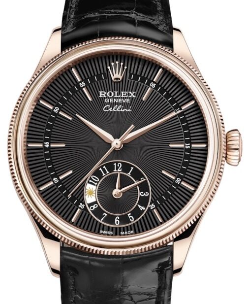 Rolex Cellini Dual Time Rose Gold Black Guilloche Index Dial Domed & Fluted Double Bezel Black Leather Bracelet 50525 - BRAND NEW
