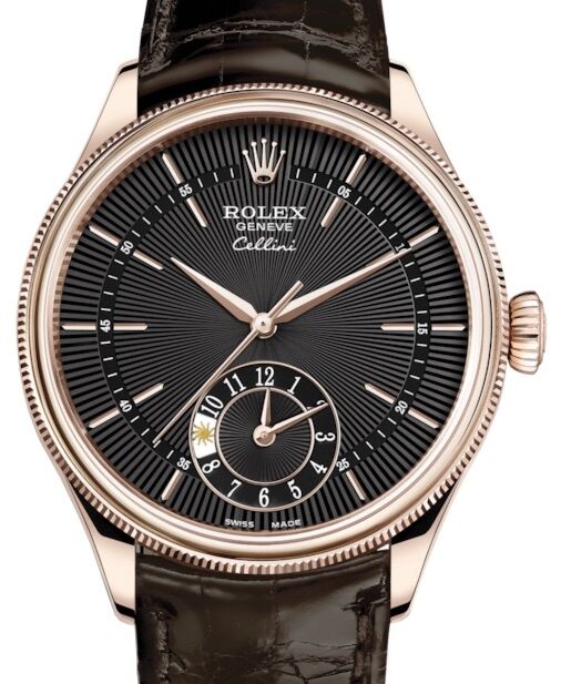 Rolex Cellini Dual Time Rose Gold Black Guilloche Index Dial Domed & Fluted Double Bezel Tobacco Leather Bracelet 50525 - BRAND NEW