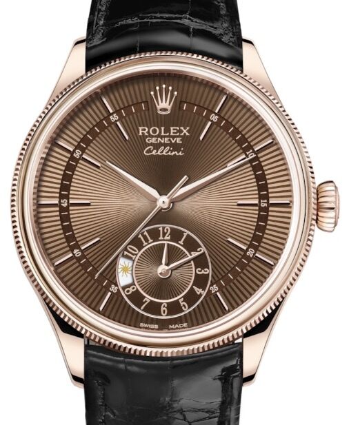 Rolex Cellini Dual Time Rose Gold Brown Guilloche Index Dial Domed & Fluted Double Bezel Black Leather Bracelet 50525 - BRAND NEW