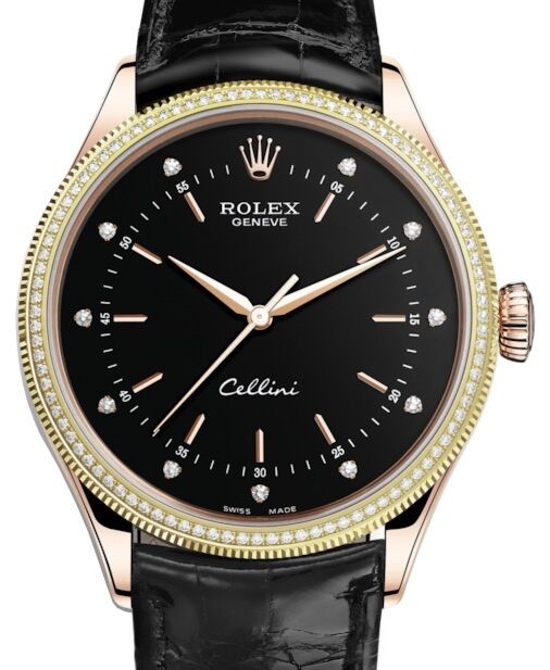 Rolex Cellini Time Rose Gold Black Diamond Dial Diamond & Fluted Double Bezel Black Leather Bracelet 50605RBR - BRAND NEW