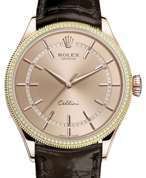 Rolex Cellini Time Rose Gold Pink Index Dial Diamond & Fluted Double Bezel Tobacco Leather Bracelet 50605RBR - BRAND NEW