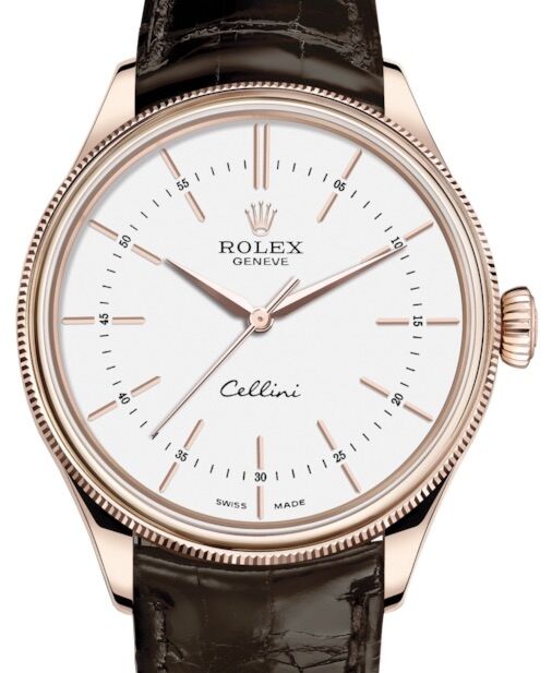 Rolex Cellini Time Rose Gold White Index Dial Domed & Fluted Double Bezel Tobacco Leather Bracelet 50505 - BRAND NEW