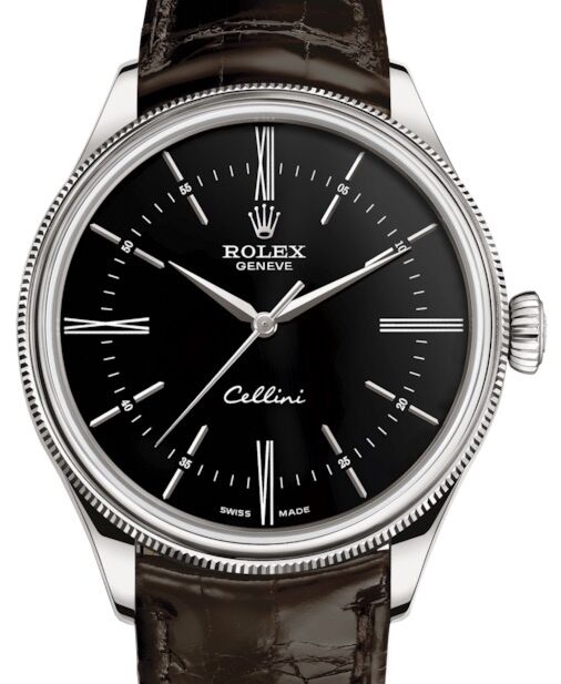 Rolex Cellini Time White Gold Black Index / Roman Dial Domed & Fluted Double Bezel Tobacco Leather Bracelet 50509 - BRAND NEW
