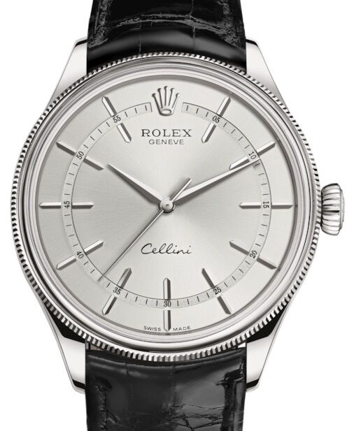 Rolex Cellini Time White Gold Rhodium Index Dial Domed & Fluted Double Bezel Black Leather Bracelet 50509 - BRAND NEW