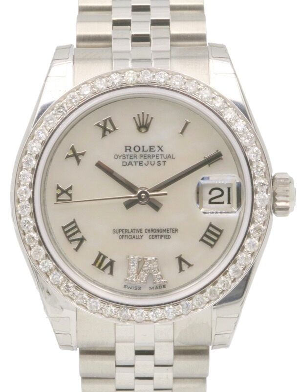 Rolex Lady Datejust 31 Stainless Steel White Mother of Pearl Roman Dial & Diamond Bezel Jubilee Bracelet 278240 (278384RBR) Custom