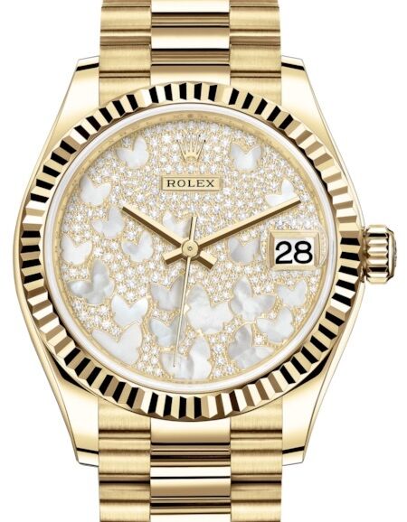 Rolex Datejust 31 Lady Midsize Yellow Gold Diamond Pave Mother of Pearl Butterfly Dial & Fluted Bezel President Bracelet 278278 - BRAND NEW