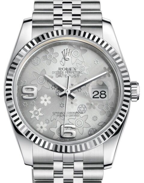 Rolex Datejust 36 White Gold/Steel Silver Floral Motif Arabic Dial & Fluted Bezel Jubilee Bracelet 116234 