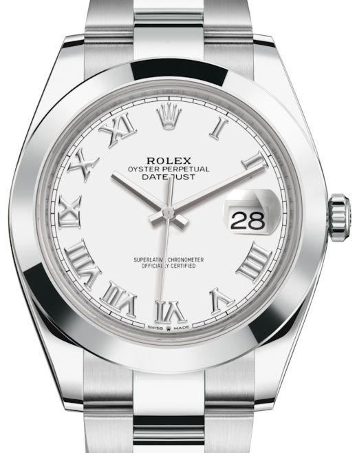 Rolex Datejust 41 Stainless Steel White Roman Dial Smooth Bezel Oyster Bracelet 126300 - PRE-OWNED 