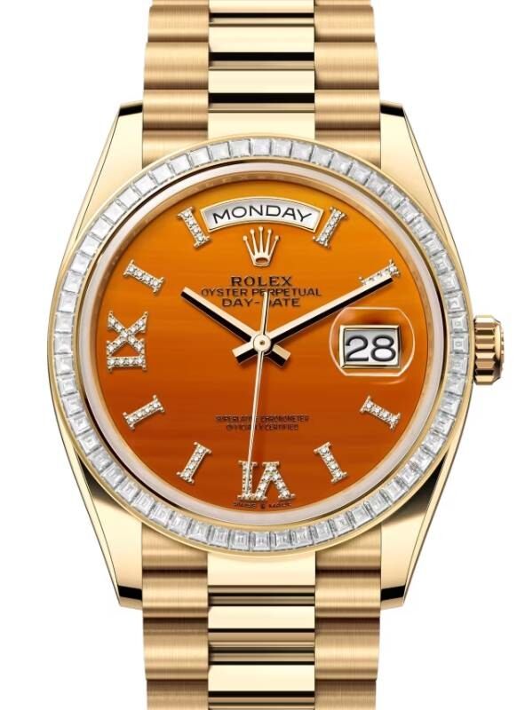 Rolex Day-Date 36 President Yellow Gold Carnelian Orange Diamond Dial & Bezel 128398TBR
