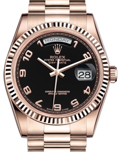 Rolex Day-Date 36 Rose Gold Black Arabic Dial & Fluted Bezel President Bracelet 118235 