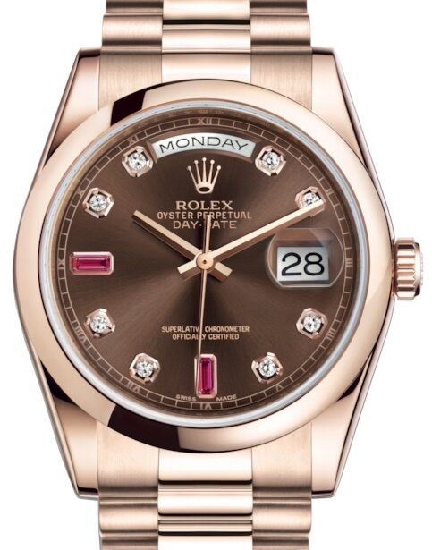 Rolex Day-Date 36 Rose Gold Chocolate Diamond & Rubies Dial & Smooth Domed Bezel President Bracelet 118205 