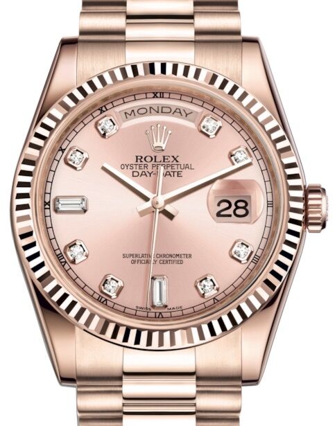 Rolex Day-Date 36 Rose Gold Pink Diamond Dial & Fluted Bezel President Bracelet 118235 