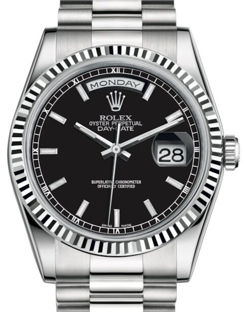 Rolex Day-Date 36 White Gold Black Index Dial & Fluted Bezel President Bracelet 118239 - BRAND NEW