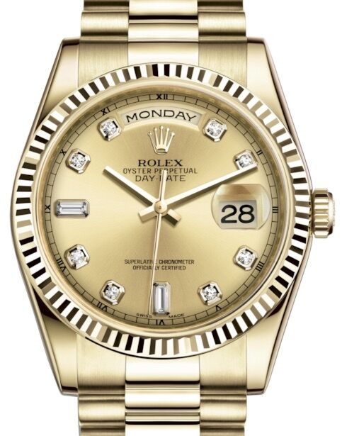Rolex Day-Date 36 Yellow Gold Champagne Diamond Dial & Fluted Bezel President Bracelet 118238 - PRE-OWNED