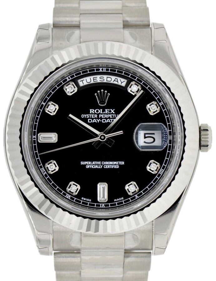 Rolex Day-Date II President White Gold 41mm Black Diamond Fluted Bezel 218239