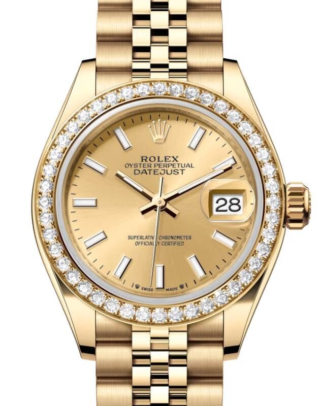 Rolex Lady Datejust 28 Yellow Gold Champagne Index Dial & Diamond Bezel Jubilee Bracelet 279138RBR - BRAND NEW