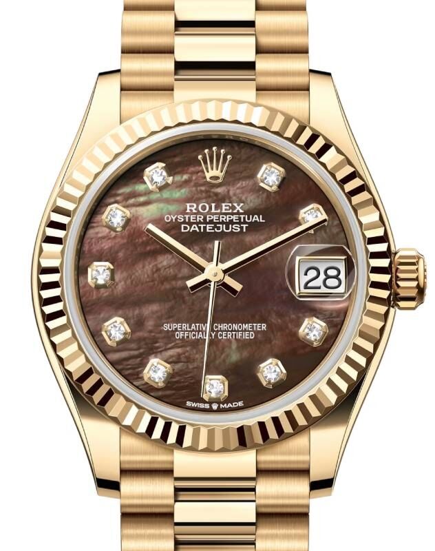 Rolex Lady-Datejust 31 President Yellow Gold Black Mother of Pearl Diamond Dial & Fluted Bezel 278278