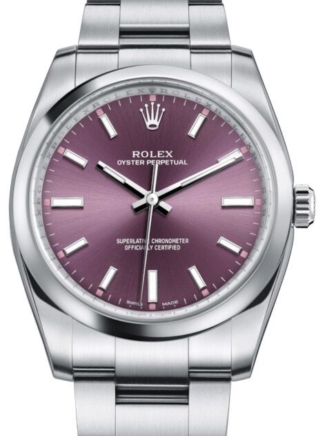 Rolex Oyster Perpetual 34 Stainless Steel Red Grape Index Dial & Smooth Bezel Oyster Bracelet 114200