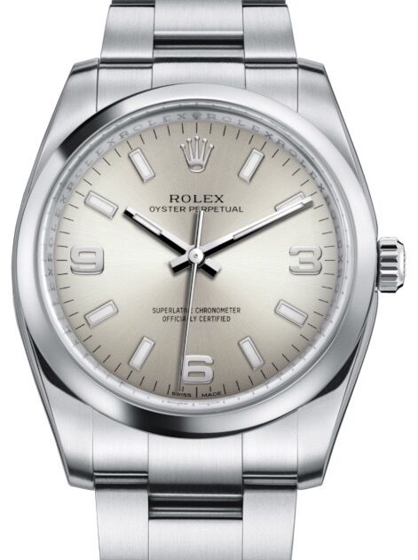 Rolex Oyster Perpetual 34 Stainless Steel Silver Arabic / Index Dial & Smooth Bezel Oyster Bracelet 114200