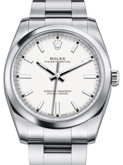 Rolex Oyster Perpetual 34 Stainless Steel White Index Dial & Smooth Bezel Oyster Bracelet 114200