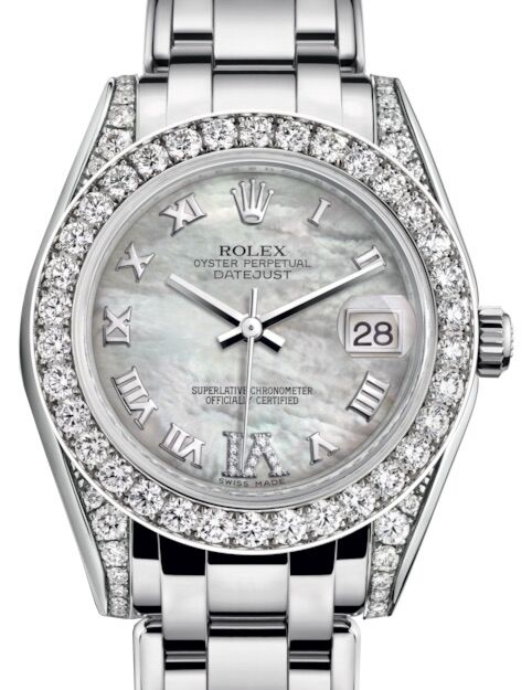 Rolex Pearlmaster 34 White Gold White Mother of Pearl Roman & Diamond VI Dial & Diamond Set Case & Bezel Pearlmaster Bracelet 81159