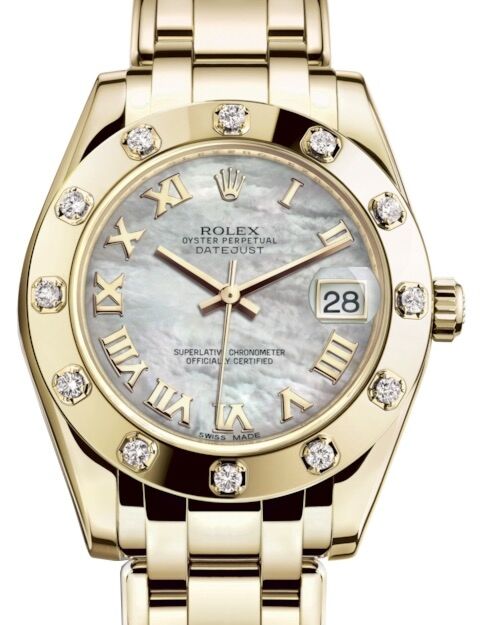 Rolex Pearlmaster 34 Yellow Gold White Mother of Pearl Roman Dial & Diamond Set Bezel Pearlmaster Bracelet 81318