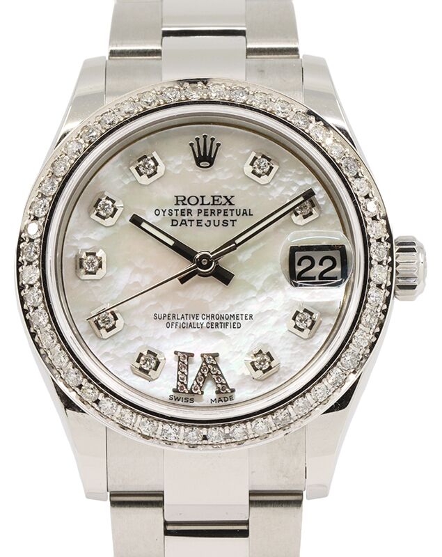 Rolex Datejust 31 CUSTOM Stainless Steel White Mother of Pearl Roman Diamond VI Dial & Bezel Oyster Bracelet 278240 (278384RBR)