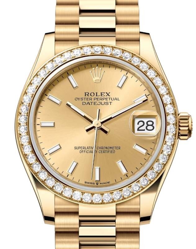 Rolex Datejust 31 Yellow Gold Champagne Index Dial & Diamond Bezel President Bracelet 278288RBR - BRAND NEW