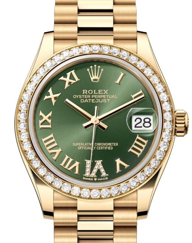 Rolex Datejust 31 Yellow Gold Olive Green Roman Dial & Diamond Bezel President Bracelet 278288RBR - BRAND NEW