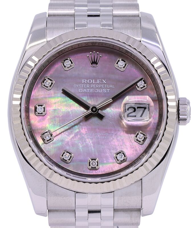 Rolex Datejust 36 White Gold/Steel Black Mother of Pearl Diamond Dial & Fluted Bezel Jubilee Bracelet 116234 - PRE-OWNED 