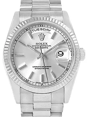 Rolex Day-Date 36 White Gold Silver Dial Index Fluted President Bracelet 118239